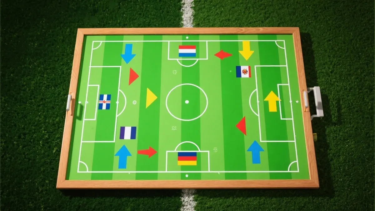 战术板上标注法国、阿根廷、英格兰、巴西等队的战术箭头