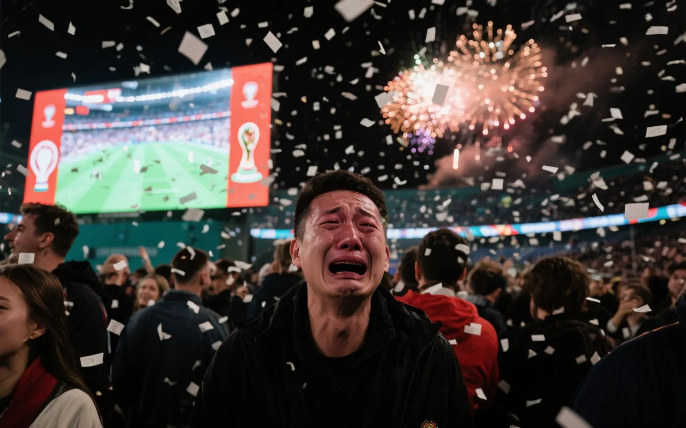 决赛夜球场外的国际球迷在大屏幕前观看终场哨响,烟花与纸屑在夜空中飘落,城市灯光与人群交织